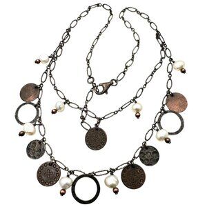 SILPADA N1567 Freshwater Pearls Copper Coins 925 Sterling Silver Necklace